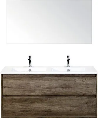 Produktbild von Sanox Badmöbel-Set Porto BxHxT 121 x 170 x 51 cm Frontfarbe nebraska oak mit Doppel-Waschtisch Keramik weiß, Waschtischu