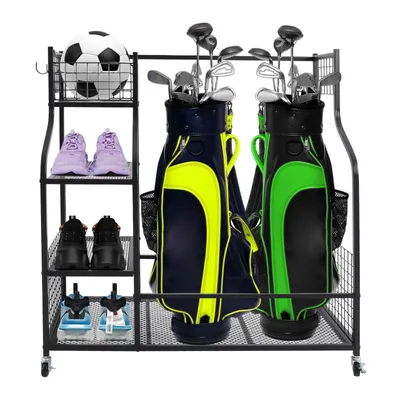 Produktbild von Golf-Organizer mit Rädern 90*40*90cm Golf-Aufbewahrungsregal Golftaschenhalter mit Haken und Korb