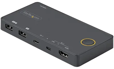 Immagine prodotto di StarTech.com Switch KVM ibrido a 2 porte HDMI + USB-A e USB-C - Monitor 4K 60Hz HDMI 2.0 - Switch KVM HDMI compatto per desktop e/o laptop - Alimentazione tramite bus USB - Compatibile con Thunderbolt 3 (SV221HUC4K) - Switch KVM/Audio - 2 x KVM/Audio - Desktop