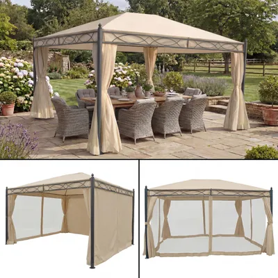 Immagine prodotto di Pergola Cadiz, padiglione da giardino, struttura robusta da 7 cm con parete laterale + zanzariera ~ crema 4x3m