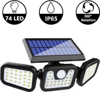 A solar-powered outdoor light with multiple adjustable LED heads and a motion sensor, shown against a white background with feature icons.