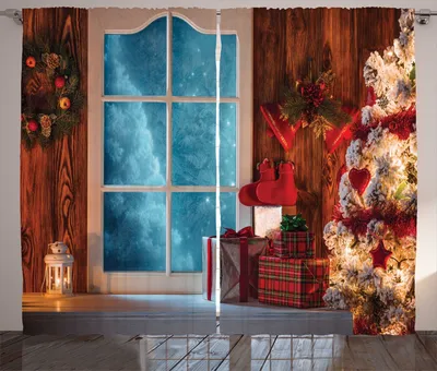 Produktbild von ABAKUHAUS Weihnachten Rustikaler Gardine, Gefrorenes verschneites Haus, Schlafzimmer Kräuselband Vorhang mit Schlaufen und Haken, 280 x 260 cm, Blau Rot