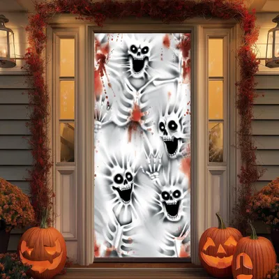 Zdjęcie produktu dla Pokrowiec na drzwi JOYIN 3D z przerażającym szkieletem na Halloween 76,2 x 182,9 cm