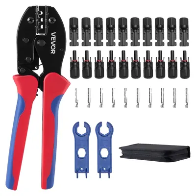 Immagine prodotto di Set di pinze a crimpare VEVOR per pannelli solari, adatte per cavi da 2,5-6 mm², con strumenti di crimpatura dotati di marcature metriche e AWG, inclusi connettori solari, morsetti per cavi, chiavi inglesi e custodia per il trasporto