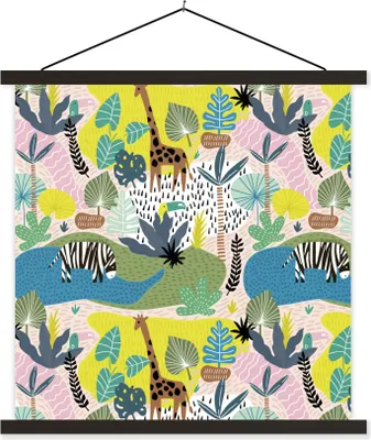 Produktbild von MuchoWow® Textilposter Dschungel - Tiere - Pflanzen - Farben 90x90 cm mit schwarzem Rahmen - Magnetisches