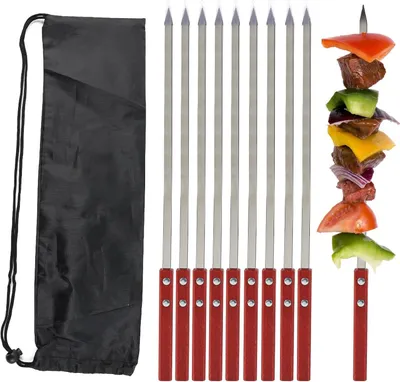 Obrázok produktu pre Grilovacie ihly 42 cm, 10 kusov, nehrdzavejúca oceľ, drevená rukoväť, na gril