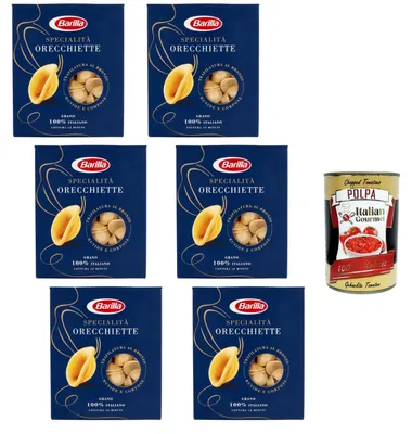 Produktbild von Barilla Orecchiette Specialità 6×500 g – Original italienische Hartweizen-Pasta, bronzeraue „Öhrchen“, al dente in 12 Min, ideal für Saucen & Aufläufe + Italian Gourmet polpa