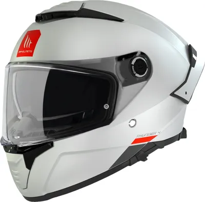 A white motorcycle helmet with a clear visor and red and grey accents.