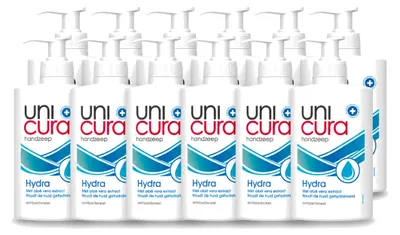 Imagen del producto de 12 unidades de jabón líquido hidratante Unicura Hydra, 250 ml, pack económico