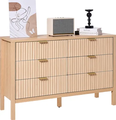 Produktbild von VEVOR Kommode mit 6 versenkten Schubladen und Schiebe- und Kippschutz für Wohnzimmer Schlafzimmer Eingangsbereich Flur (Helles Holz)