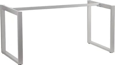 A white metal frame for a desk or table.