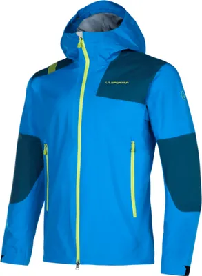 Hardshelljacke "Roseg GTX Jkt M" von La Sportiva in leuchtendem Blau mit grünen und schwarzen Akzenten; ideal für Herren.