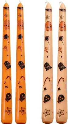 Produktbild von Set mit 4 Halloween-Spitzkerzen, parfümfrei, Kürbis- und Geistermotive, dekoratives Set hoher Kerzenständer für den Tisch
