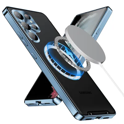 Immagine prodotto di Custodia in metallo per Samsung Galaxy S25 Custodia traslucida ultra opaca con bobina magnetica e protezione della fotocamera blu