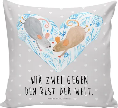 Produktbild von Mr. & Mrs. Panda Kuschel Kissen Mäuse Herz - Grau Pastell - Geschenk, Couchkissen, Hochzeit, glücklich, bedruckt, 40x40, Freundin, Dekokissen, Liebe, für Immer