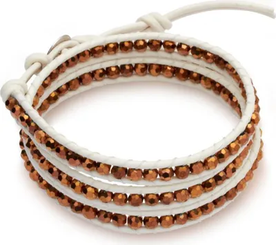 Produktbild von Weißes Unique Lederarmband mit kupferfarbenen Kristallen LB0204
