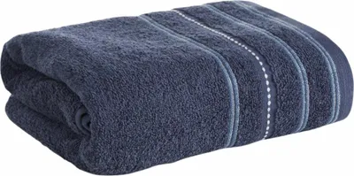 Image de EUROFIRANY | Serviette de douche - Éponge - Serviette de bain - en coton - 70 x 140 cm - bleu foncé - Serviette de sauna - rayée et douce