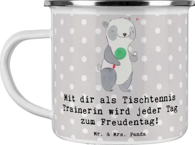 Produktbild von Mr. & Mrs. Panda Teetasse Tischtennis Trainerin Freudentag - Grau Pastell - Geschenk, Emaille Tasse, Pott, becher, Sportart, Haferl, Sportarten, Freude, Danksagung