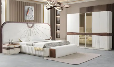 Obrázok produktu pre Moderne Schlafzimmer Garnitur Weißes Doppelbett Stilvoller Schrank