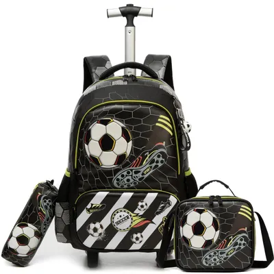 Productafbeelding van Schooltassen met wielen voor kinderen, trolley rugzak voor het basisonderwijs, met een voetbaldesign, 42x30x19 cm