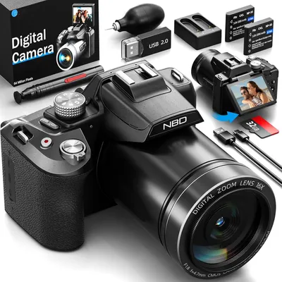 Produktbild von NBD Kamera 64MP 4K, 16-fach Zoom, Autofokus, für YouTube Vlogs, Webcam, 2 Akkus, PC-Kamera-Modus, HDMI. Lieferumfang: 32GB-TF-Karte, WIFI.