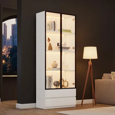 Immagine prodotto di Mobiletto espositivo 80 x 34 x 200 cm, con 2 ante in vetro e telaio in alluminio, 2 cassetti, illuminazione LED controllabile tramite app, suddivisione in 6 ripiani, realizzato in MDF, colore bianco