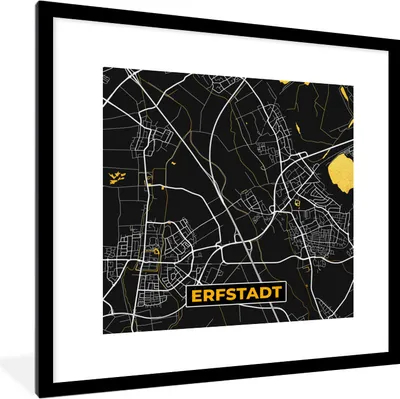 Produktbild von MuchoWow® Gerahmtes Poster Schwarz und Gold - Stadtplan - Erfstadt - Deutschland - Karte 40x40 cm - Poster mit Schwarzem Bilderrahmen Wandposter Rahmen Foto Bilder - Poster - Plakat im Rahmen