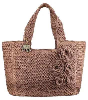 Produktbild von ANOKHI Textil Handtasche mit dekorativen Blüten-Applikationen, langen Tragehenkeln und großem Reißverschluss-Hauptfach