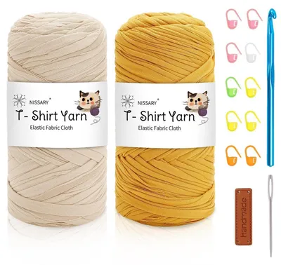 Immagine prodotto di Filato per maglieria T-Shirt-Garn Häkelgarn, confezione da 2 gomitoli da 200g ciascuno, con uncinetto da 10 mm e accessori, colore beige-giallo