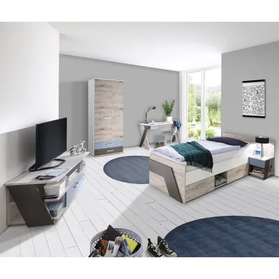 Produktbild von Jugendzimmer Set mit Bett 90x200 cm 5-teilig mit Kleiderschrank LEEDS-10 in Sandeiche Nachbildung mit weiß, Lava und Denim Blau