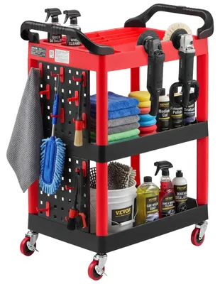 Produktbild von VEVOR Servicewagen Werkstattwagen PP-Rollwagen 810x425x970mm Schwarz & Rot, Werkzeugwagen mit 136kg Tragkraft, Inkl. 3 Ebene & 4 Rollen Pegboard & Handgriffen, Allzweckwagen für Garage Werkstatt Lager