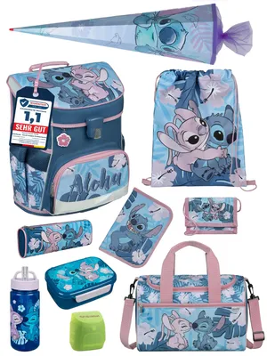 A collage of various school supplies featuring Disney's Stitch character.