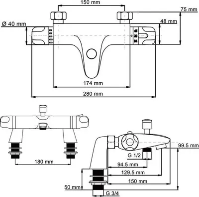 Produktbild von Thermostatische Badarmatur für Badewanne, 15 cm Hartabstand, Messing, Chrom, 38 °C Sicherheitssperre