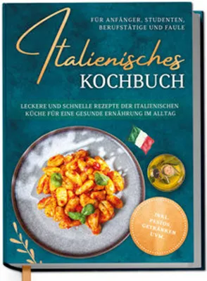A cookbook cover featuring a dish of gnocchi and an Italian flag.