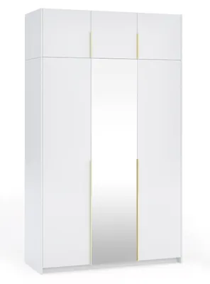 Produktbild von Kleiderschrank ALVA 148 cm mit Spiegel & Aufsatz – Weiß, Drehtürenschrank, Garderobenschrank, Griff in Goldoptik