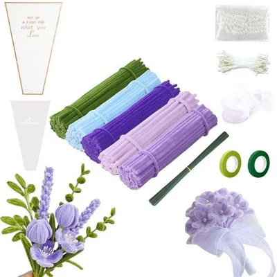 Produktbild von Unyqoos® Pfeifenreiniger-Bastelset – 250 Stück, Metalldraht & weiche Fasern, 5 Farben, inkl. 20 grüne Stiele, Bänder & Perlen für Blumen
