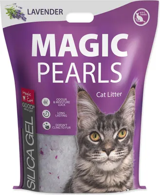 A bag of Magic Pearls lavender cat litter with a cat's face on it.