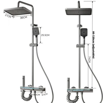 Immagine prodotto di Set doccia a parete – Sistema doccia da parete – Miscelatore per acqua calda e fredda – Display digitale della temperatura – Doccetta quadrata – Supporto in ottone, regolabile in altezza – Grigio