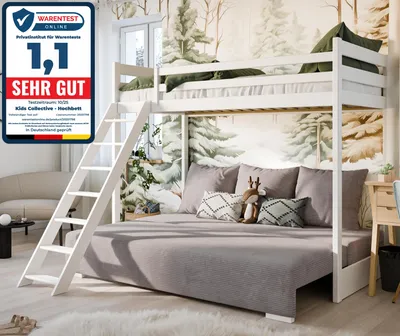 Produktbild von Hochbett 90x200 cm mit Schlafsofa 140x200 cm Couch in Cord-Stoff, 3 Kissen 100 mit 3 Kissen Sofa Etagenbett weiß 200x90 grau hellgrau