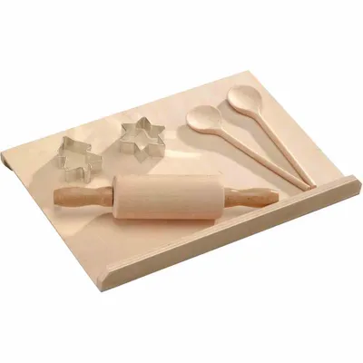 Productafbeelding van 6-Delige  Beuken Houten Kinderbakset | Taart / Gebak Bak Set voor Kinderen | Bak Rol Plaat, Deegroller, Houten Lepels en Uitsteek vormpjes |