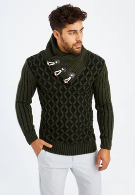 Produktbild von Leif Nelson Schalkragen Herren Strickpullover Grobstrick Schalkragen LN-5385, Khaki Schwarz / S