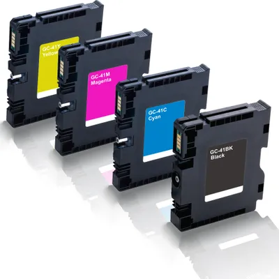Four printer ink cartridges are arranged diagonally on a white background.