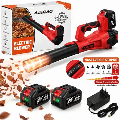 Obrázek produktu pro AJIEQAQ Aku fukar na listí 21V, 2×4,0Ah akumulátor, bezkartáčový motor, 320 km/h, 6 stupňů včetně Turbo, 2 trubice, bezdrátový fukar
