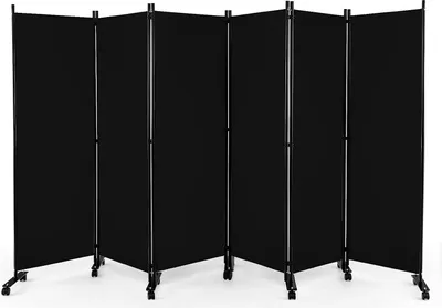 A black, six-panel room divider with wheels, shown from a slightly angled front view against a white background.