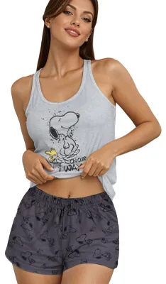 Produktbild von The Peanuts Snoopy Schlafanzug für Damen - On Our Way Pyjama Set Tanktop Oberteil mit Hose Grau S