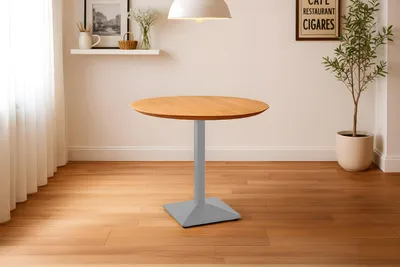 Produktbild von Bistrotisch Brasilia | 90 x 90 cm rund | Akazienholz massiv | Farbe: Natur | Schweizer Kante | Säulenfuß Metall Silber | pflegeleichter Küchentisch/Kleiner Esstisch/runder Säulentisch