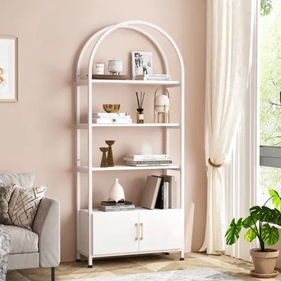 Zdjęcie produktu dla Półka na książki, 4-poziomowa, zakrzywiona - wolnostojąca drewniana półka ekspozycyjna - wysokość 182 cm, idealna do biura domowego