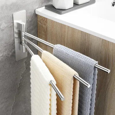Productafbeelding van Handdoekhouder zonder boren, 180° draaibaar, met 3 stangen, zelfklevend. Handdoekhouder van roestvrij staal 304, badhanddoekhouder, dubbele handdoekhouder, geborsteld, zilverkleurig