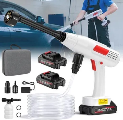 Image de Nettoyeur haute pression sans fil avec batterie 21 V, pression de 80 bars et tuyau de 5 mètres, idéal pour l'automobile et le jardin