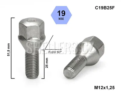 Obrázok produktu pre Skrutka kolesa M12x1,25x25 s kužeľom, kľúč 19, C19B25F, výška 51,5 mm
